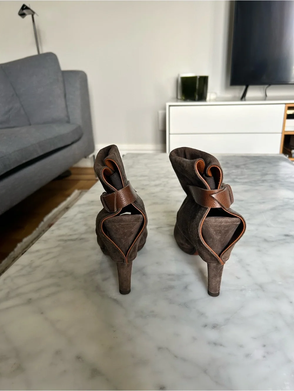 Michel Perry Dark Brown Suede Ankle Booties with Buckle Strap